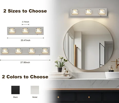 Miniatura 5 de Joossnwell Lámpara de tocador de baño de níquel cepillado con cristal, iluminación LED regulable de 5CCT para baño, sobre espejo