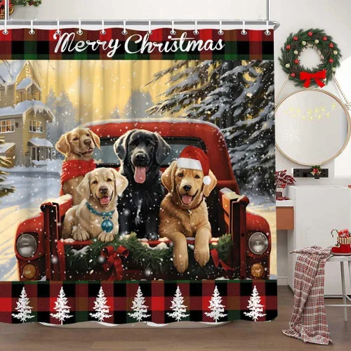 Cortina de ducha de perros de Navidad, animales de granja, camión rojo, transportando lindos cachorros, familia, invierno, paisaje, nieve, Navidad,