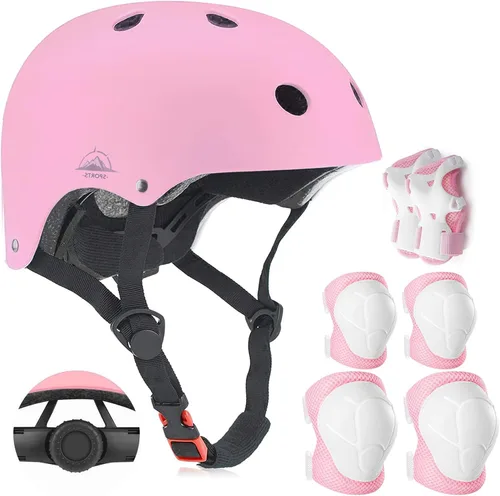 Casco ajustable para niños con rodilleras, coderas y muñequeras - Cascos de bicicleta para niños pequeños de 3-5, 5-8, 8-14 años - Perfecto para Rosa