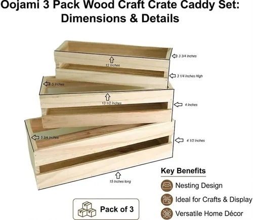 Miniatura 2 de Oojami Juego de 3 cajas de madera para manualidades, cajas de madera para exhibición, cajas de madera para manualidades, caja de madera decorativa