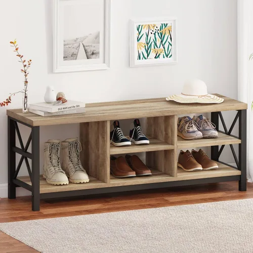 Miniatura 11 de FATORRI Banco con almacenamiento para zapatos para entrada, bancos de madera con puerta abatible y cajones, gabinete organizador de zapatos