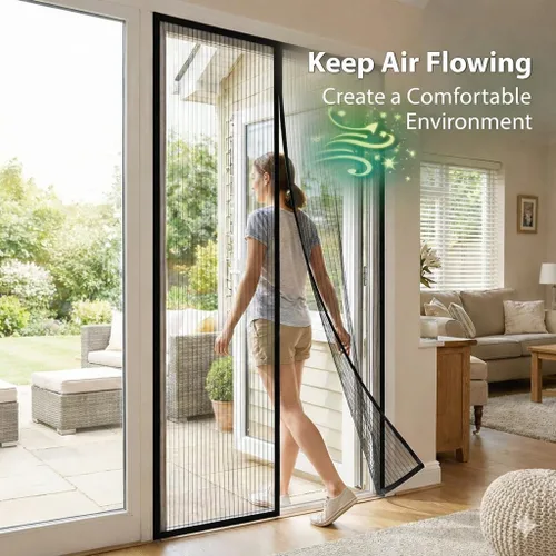 Miniatura 5 de Puerta mosquitera magnética, malla autosellante resistente, barrera contra insectos manos libres, apta para mascotas y niños Negro/Malla Básica