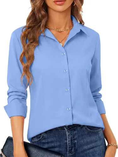Miniatura 7 de BBIBBI Camisa de vestir elástica de manga larga con botones para mujer, blusa de trabajo casual de negocios (clásica, recortada y alta)