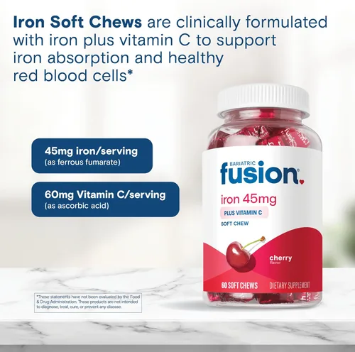 Miniatura 5 de Bariatric Fusion Suplemento de hierro bariátrico con sabor a fruta de cereza, masticable suave con vitamina C para pacientes bariátricos, incluyendo