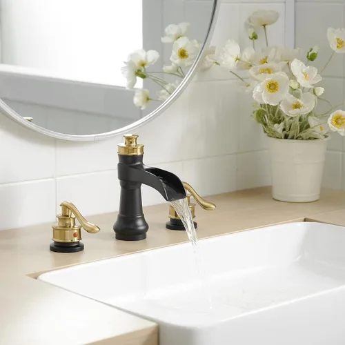 Miniatura 4 de Grifo de baño generalizado negro y dorado, grifo de lavabo de cascada de baño de 3 agujeros, lavabo de tocador de 2 manijas con drenaje desplegable