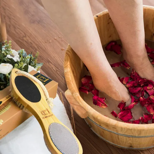 Miniatura 7 de ICDI ICANdOIT - Lima de bambú natural para pies, removedor de callos multiusos 4 en 1 pies, kit de pedicura con cepillo de cerdas de jabalí, piedra