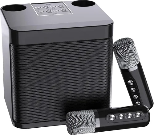 Mini máquina de karaoke para adultos y niños, altavoz portátil de karaoke Bluetooth para TV, con 2 micrófonos inalámbricos, sistema de altavoces PA
