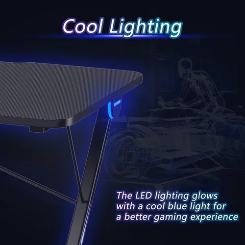 Miniatura 6 de Tangkula Escritorio para computadora de juegos, mesa de computadora en forma de Z con luces LED y gran superficie de fibra de carbono, estación
