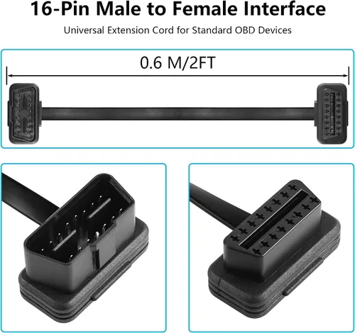 Miniatura 2 de CERRXIAN 2FT 0.6M OBDII OBD2 ángulo recto 16 Pin macho a hembra Extensión Cable plano, OBDII Herramienta de escaneo de diagnóstico Extensor Cable