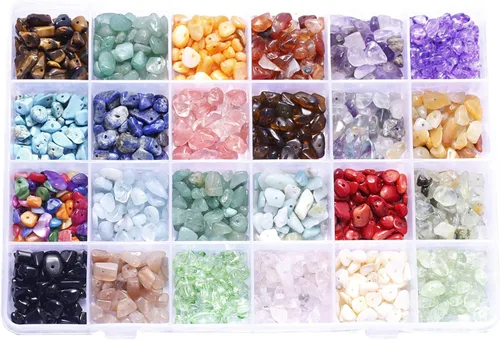 Miniatura 12 de Vilihkc Cuentas de piedra natural de 24 colores, 1200 piezas de piedras preciosas irregulares de cristal curativo, agujero de cuentas perforadas