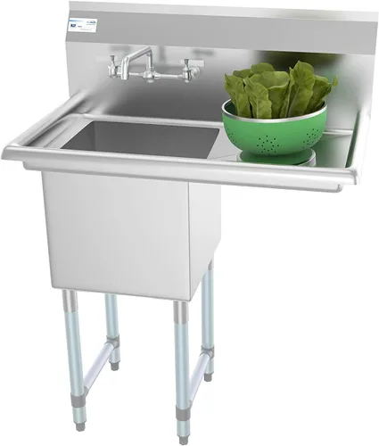 KoolMore SA151512-15R3FA - Fregadero de cocina comercial NSF de acero inoxidable con 1 escurridor derecho, patas cruzadas y grifo, tamaño del tazón