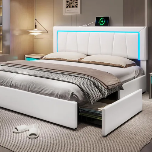 Hasuit Base de cama California King con 4 cajones de almacenamiento debajo, plataforma tapizada tamaño Cal King con cabecera de cuero artificial,