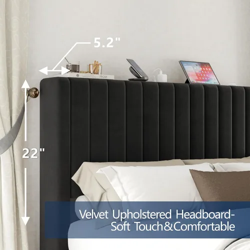 Miniatura 4 de VanAcc Base de cama tamaño Queen, plataforma tapizada de terciopelo con cabecera capitoné de canal, base de colchón con listones de madera,