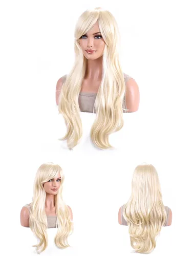 Miniatura 3 de ONEPEACE Peluca rubia con flequillo, peluca sintética larga y ondulada de 28 pulgadas para mujeres, niñas, Halloween