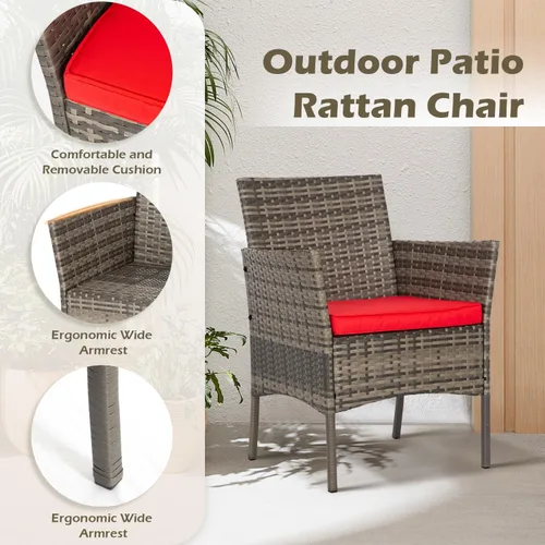 Miniatura 4 de FDW Juego de muebles de exterior de 3 piezas para patio, sillas de mimbre gris, juego de conversación de bistró, 2 sillas de ratán con cojines rojos
