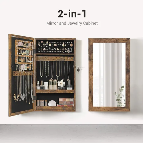 Miniatura 2 de SONGMICS Armario de joyería con cerradura con espejo, organizador de almacenamiento de joyas para ahorrar espacio montado en la pared, color marrón