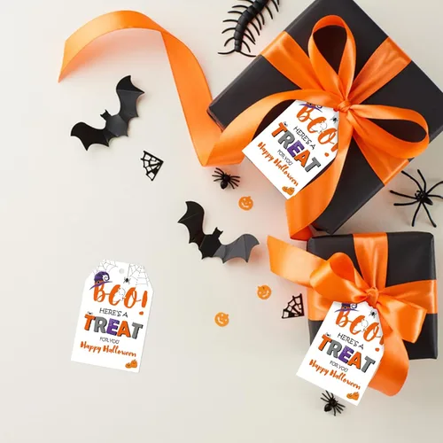Miniatura 7 de Etiquetas de Halloween de Anwyll con cuerda - 50 piezas de etiquetas de regalo de papel de Halloween para bolsas de golosinas, etiquetas