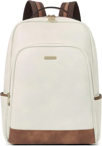 CLUCI Mochila de cuero para mujer de 15.6 pulgadas, mochila para computadora portátil, mochila para viajes, avión, mochila casual, color beige con