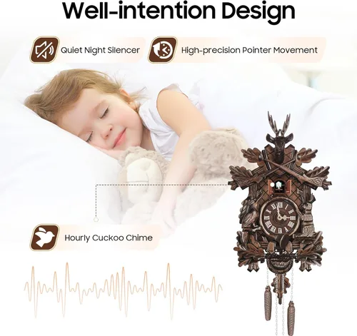 Miniatura 6 de Reloj de cuco con función de timbre, reloj de pared de madera vintage para pared, diseño antiguo con péndulo, volumen ajustable, reloj de cuco