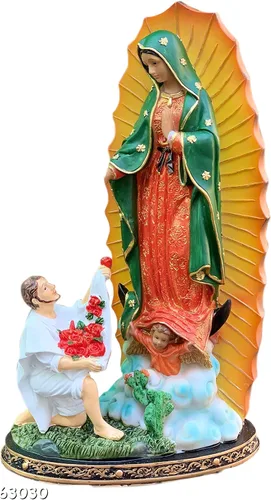 Nuestra Señora de Guadalupe, San Juan Diego - Estatua y figuras de 12 pulgadas de alto, color azul-verde, marrón - Decoración