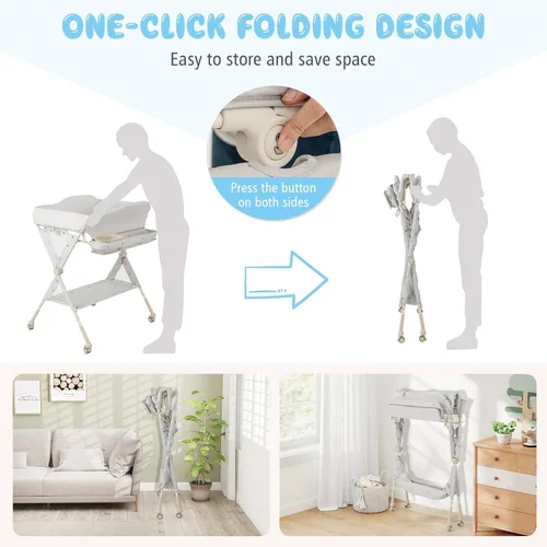 Miniatura 8 de BABY JOY Cambiador portátil para bebé, estación de cambio de pañales plegable con ruedas, altura ajustable, estante de almacenamiento grande, lavabo