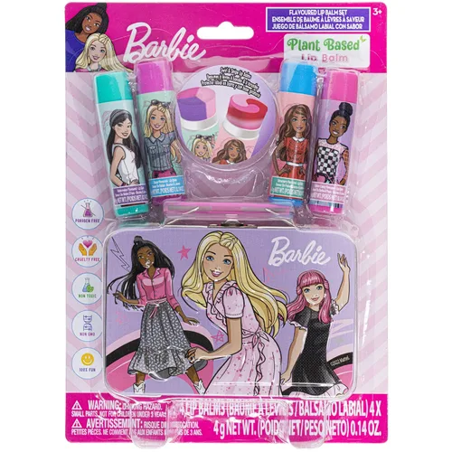 Barbie – Townley Girl - Bálsamo labial a base de plantas de 4 paquetes con estuche de hojalata, juego de cosméticos de maquillaje para niños y
