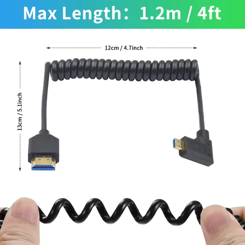 Miniatura 5 de Duttek Cable en espiral micro HDMI a HDMI de 8 K a 60 Hz, 48 Gbps, cable HDMI a Micro HDMI 2.1 en ángulo recto para cámara, GoPro Hero, Raspberry Pi