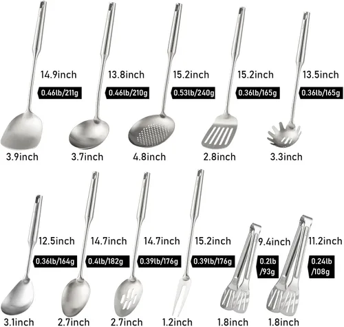 Miniatura 2 de Juego de utensilios de cocina de acero inoxidable 18/10, herramientas de cocina de metal de 15 pulgadas, 11 piezas, 2 pinzas, tenedor, cuchara