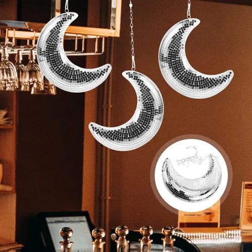 Miniatura 8 de DOITOOL Bola de discoteca en forma de luna espejo colgante reflectante con cadena para bar, KTV, escenario, hogar, boda, fiesta de cumpleaños, adorno