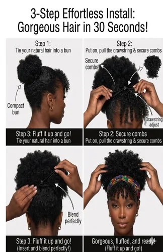 Miniatura 5 de Cola de caballo con cordón para mujeres negras Afro Puff Cola de caballo con cordón con flequillo Cola de caballo corta crespa y rizada Moño cola