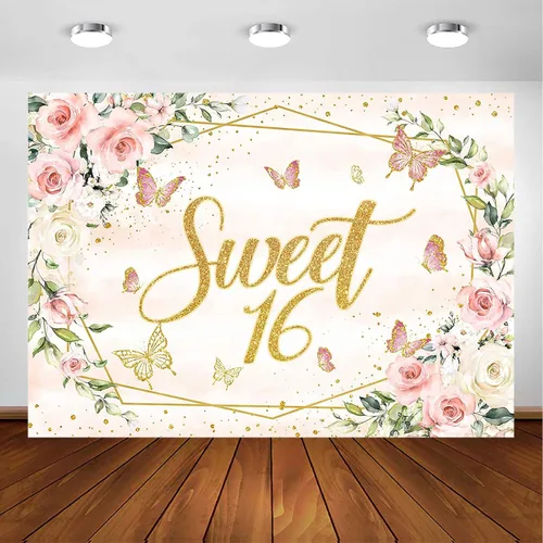 Avezano Telón de fondo de 16, mariposas florales de color rosa claro y morado con puntos dorados, decoración de fiesta para cumpleaños de 16 años,