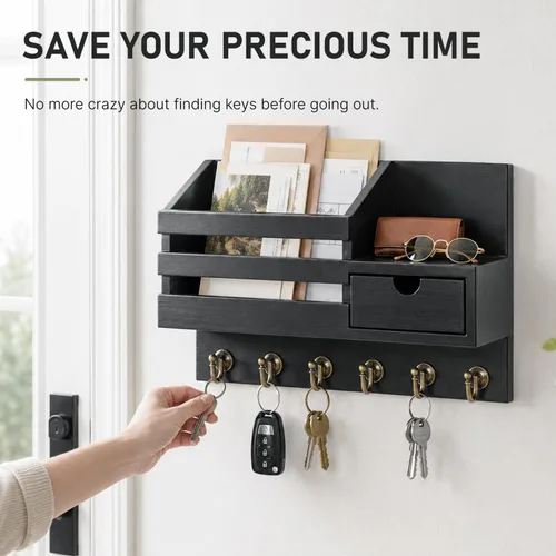 Miniatura 5 de FifthQuarter Soporte para llaves y correo para pared, organizador de correo con 6 ganchos y cajón de almacenamiento, soporte de llaves de fácil
