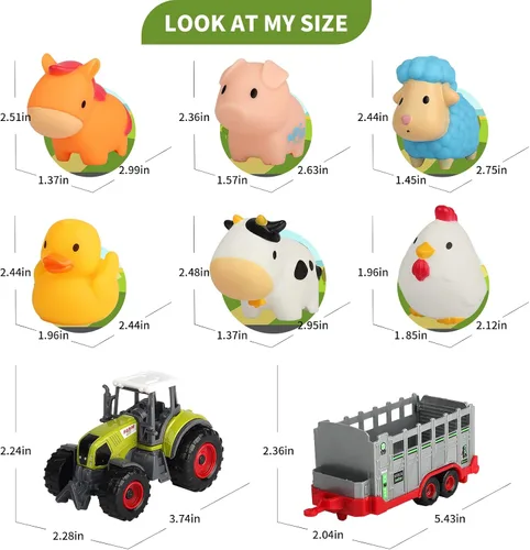 Miniatura 3 de Oriate Transportador de tractor de granja con animales de granja de dibujos animados y tapete de juego, paquete de 6 juguetes rociadores de baño