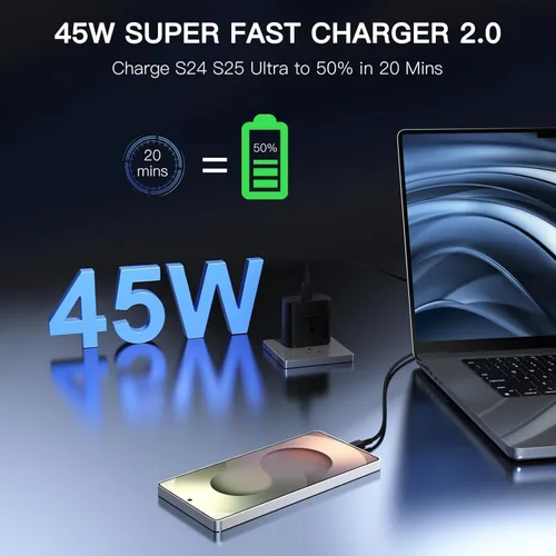 Miniatura 2 de Bloque de carga súper rápido Samsung de 45 W, paquete de 2 bloques de carga rápida tipo C con cable de carga USB C de 3 pies
