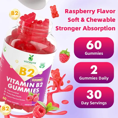 Miniatura 7 de Gomitas de vitamina B2 para niños y adultos, VIT B2 Riboflavina 400 mg Suplemento con magnesio para aliviar la migraña y apoyar el sistema nervioso