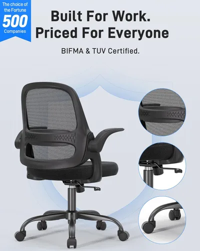 Miniatura 8 de Silla de oficina ergonómica de malla para oficina en casa, brazos abatibles, respaldo de malla transpirable y cojín de asiento grueso, silla de Negro