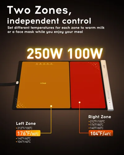 Miniatura 4 de VTAR Alfombrilla Eléctrica de Calentamiento de Alimentos y Bandeja Calentadora para Servidores de Buffet de Fiesta, Calentamiento de Doble Zona