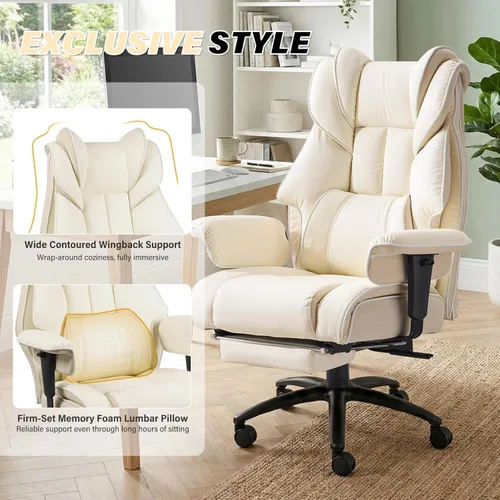 Miniatura 4 de Silla de oficina grande y alta de 400 libras con reposapiés y soporte de madera para cintura, silla ergonómica para juegos con reposabrazos 2D