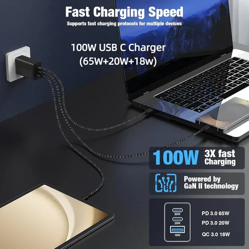 Miniatura 3 de USB C de carga súper rápida de 65 W para iPhone 17 16 Pro Max, bloque de carga USB C de 3 puertos de 100 W PD y cable trenzado tipo C de 3/6/6/10