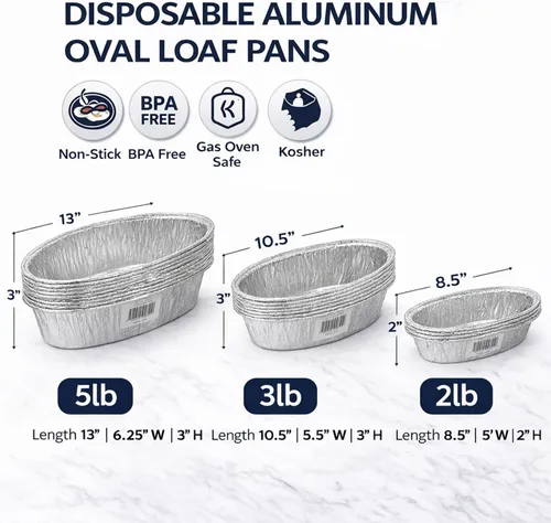 Miniatura 3 de JetFoil Moldes ovalados desechables de aluminio para pan, 2 libras, moldes desechables de papel de aluminio para hornear pasteles, recipientes