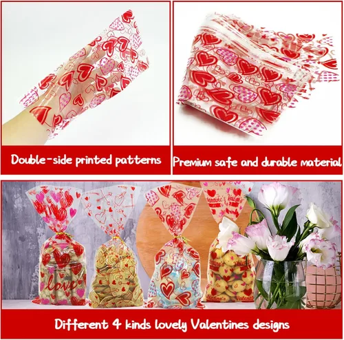 Miniatura 3 de ZMCINER 120 unidades de bolsas de celofán para dulces de San Valentín con lazos giratorios para fiestas y suministros de regalo Valentines