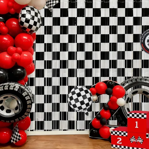 Miniatura 7 de Decoraciones de cumpleaños de coches, 2 cortinas de flecos de aluminio de carreras y 1 paquete de pancarta de bandera a cuadros para accesorios