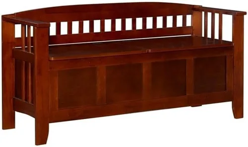 Riverbay Furniture Banco de almacenamiento de madera, acabado marrón nogal, altura del asiento de 17 pulgadas, diseño trasero de listones, asiento