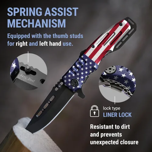 Miniatura 6 de Navaja de bolsillo asistida por resorte, plegable, estilo militar, para niños exploradores, cuchillo táctico ideal para acampar, caza, 3. Bandera