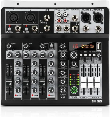 XTUGA KP4 - Mezclador de audio de 4 canales, efecto DSP de 16 bits, efectos de interfaz de audio USB + 48 V Phantom Bluetooth para grabación de
