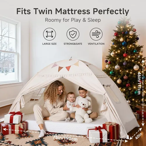 Miniatura 2 de Sumbababy Dosel de Cama Tamaño Twin: Luces y Banderas Tienda de Campaña para Niños de Cama de Piso Interior - Cortinas Portátiles y Plegables