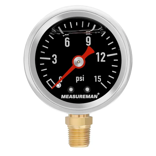 Miniatura 12 de MEASUREMAN - Manómetro, 0 a 15 psi, relleno glicerina, esfera 1.5 pulgadas, caja acero inoxidable 304, montaje central posterior 1/8 NPT, adaptador