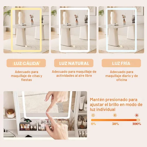 Miniatura 3 de Mesa de tocador ALEAVIC con espejo y luces LED, juego de tocador de maquillaje con toma de corriente y taburete, almacenamiento para joyas, mesa