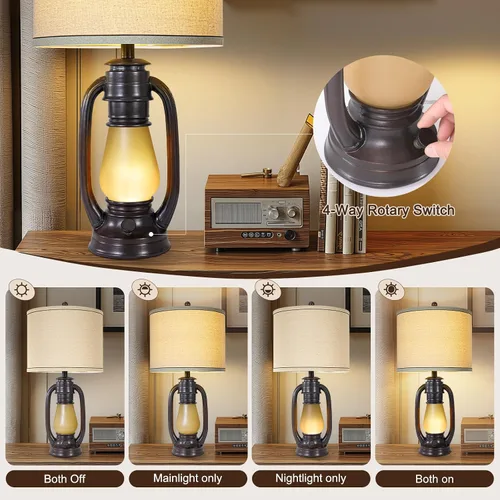 Miniatura 4 de Juego de 2 lámparas de mesa de linterna vintage de 26 pulgadas, lámpara de mesita de noche retro con luz nocturna y pantalla de lino, lámpara