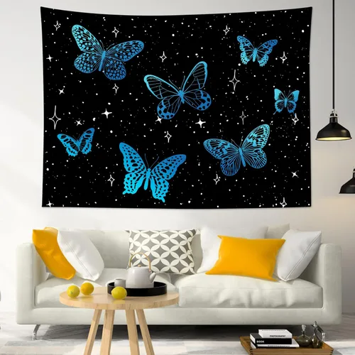 Miniatura 3 de HVEST Tapiz de mariposa para decoración de habitación, mariposas azules de fantasía en cielo estrellado, tapiz para colgar en la pared, tapiz negro